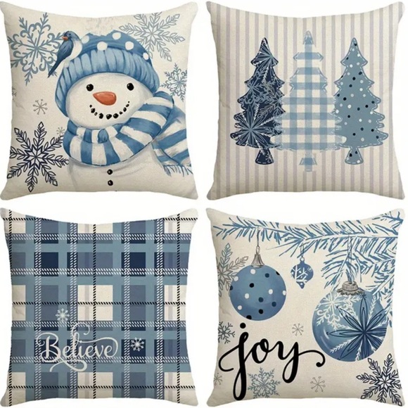 Set of 4 Festive Blue and White Holiday Pillow Covers - Picture 1 of 2